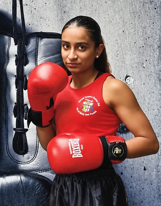 Ameliya in Gatwick Keystone red vest and gloves