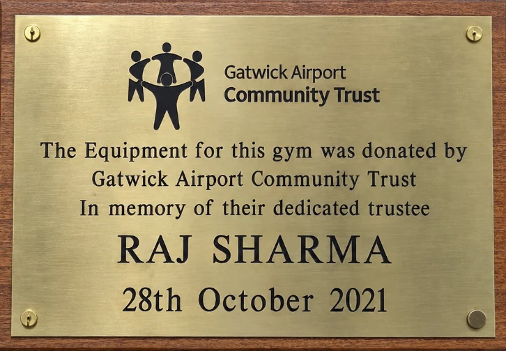Gatwick Airport Community Trust plaque: gym equipment donated in memory of Raj Sharma, 28 October 2021